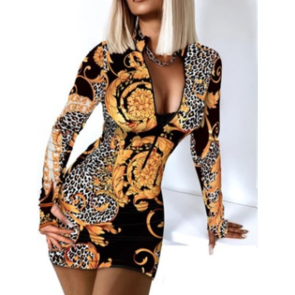 Primavera verão novo estilo europeu americano estilo com decote em V zíper leopardo impressão Houndstooth fino-ajuste Hi
