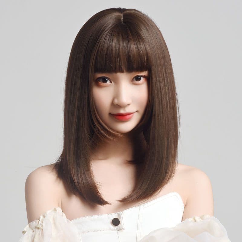 Peruca feminina de cabelo longo e reto, peruca completa, reparo facial, cabelo médio longo, versão coreana, franja de ar