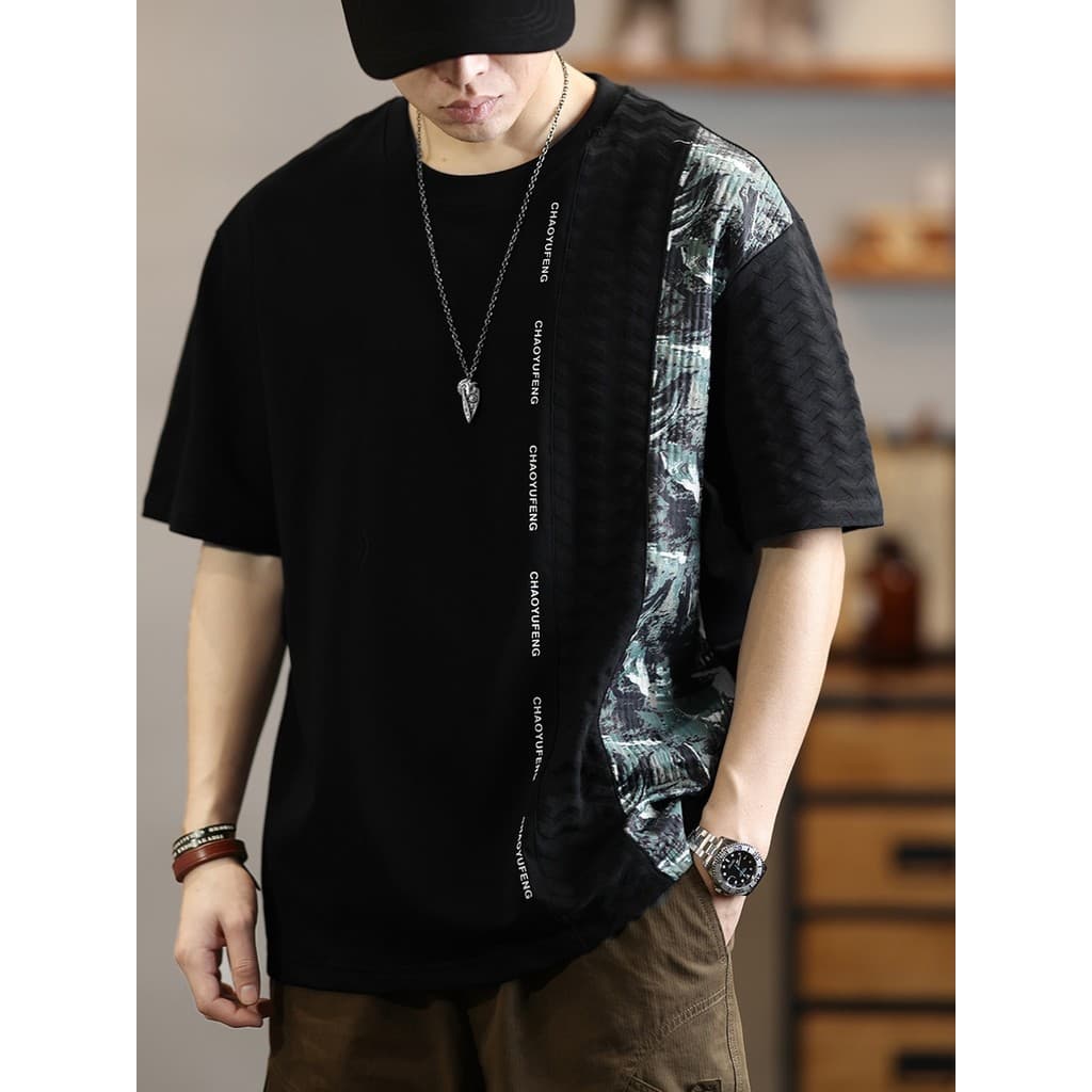 Americano Retro High-End Floral costura de manga curta camiseta masculina em torno do pescoço camiseta verão solto meia