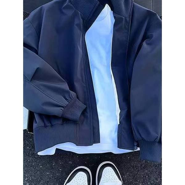 Azul marinho gola bombardeiro jaqueta masculina outono Wear americano jaqueta curta casal High Street nicho uniforme de