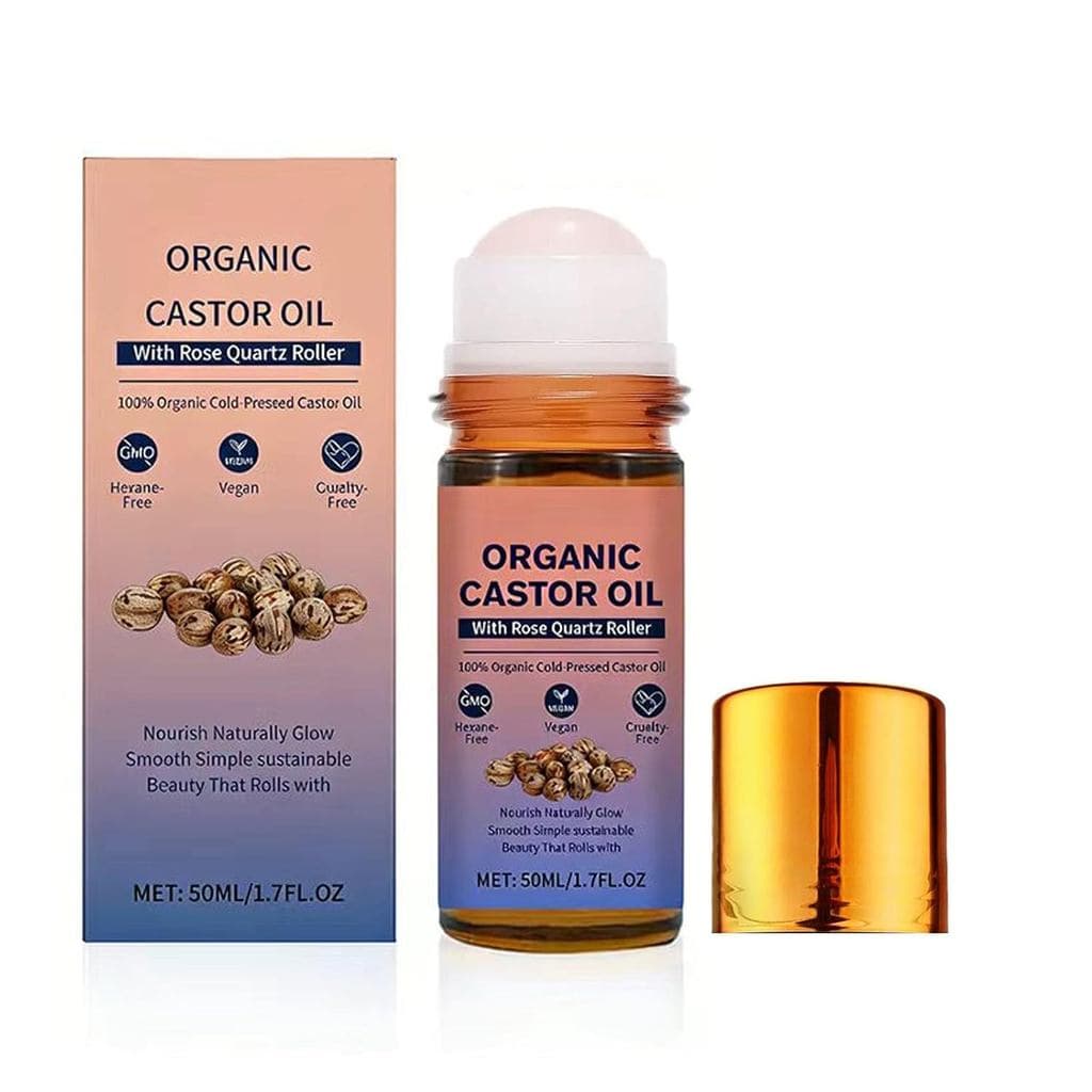 Óleo de rícino orgânico em frasco roll-on, com rolo de quartzo rosa, 100% óleo de rícino orgânico prensado a frio, sem h