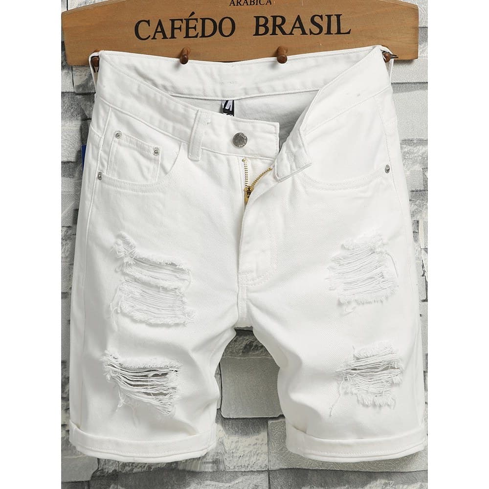 Shorts Jeans masculino verão fino branco rasgado 2026 novo estilo calças Jeans cortadas de cinco pontos calças masculina