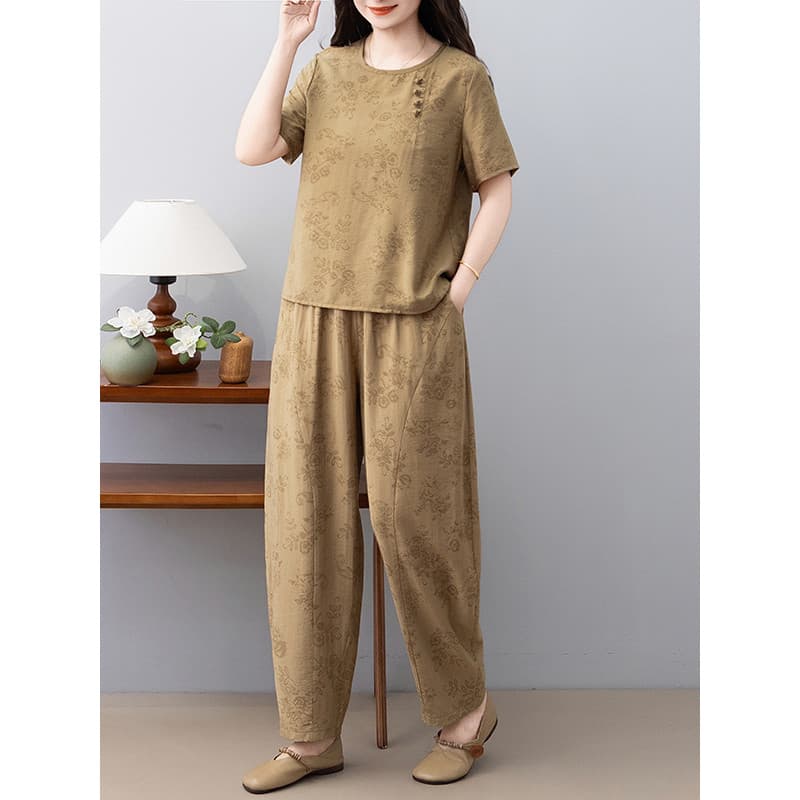 2026 verão Retro algodão linho terno solto moda meia-idade mãe idosa verão Casual calças harém de duas peças na moda