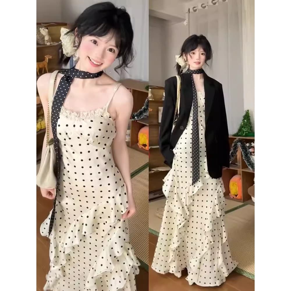Babados estilingue Polka Dot vestido feminino verão 2026 novo estilo genuíno Popular ootd Wear terno saia interna
