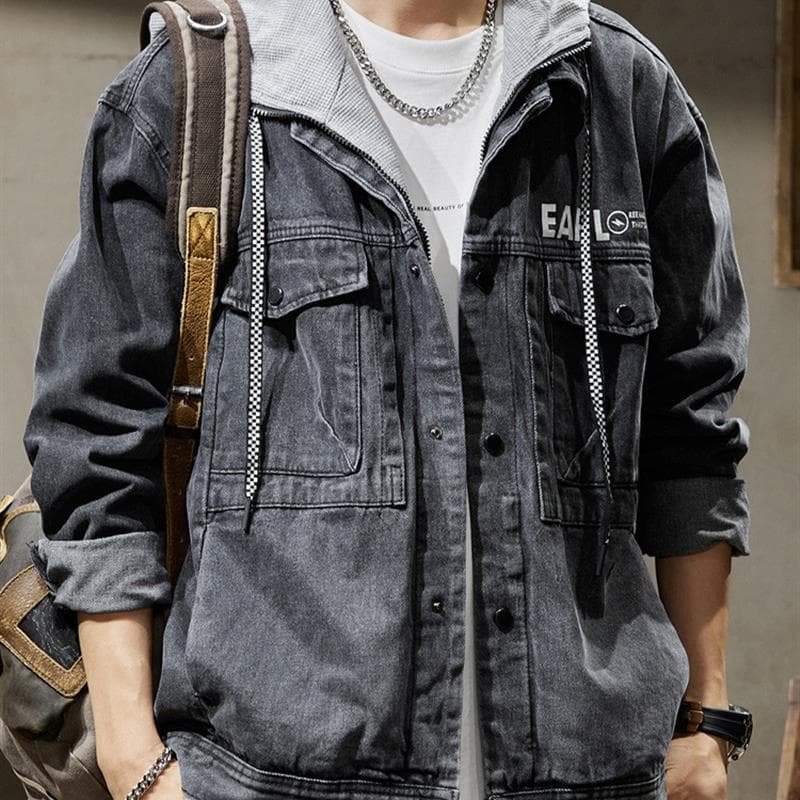 Jaqueta jeans masculina 2026 primavera outono novo estilo moletom com capuz Street Wear solto falso de duas peças Casual