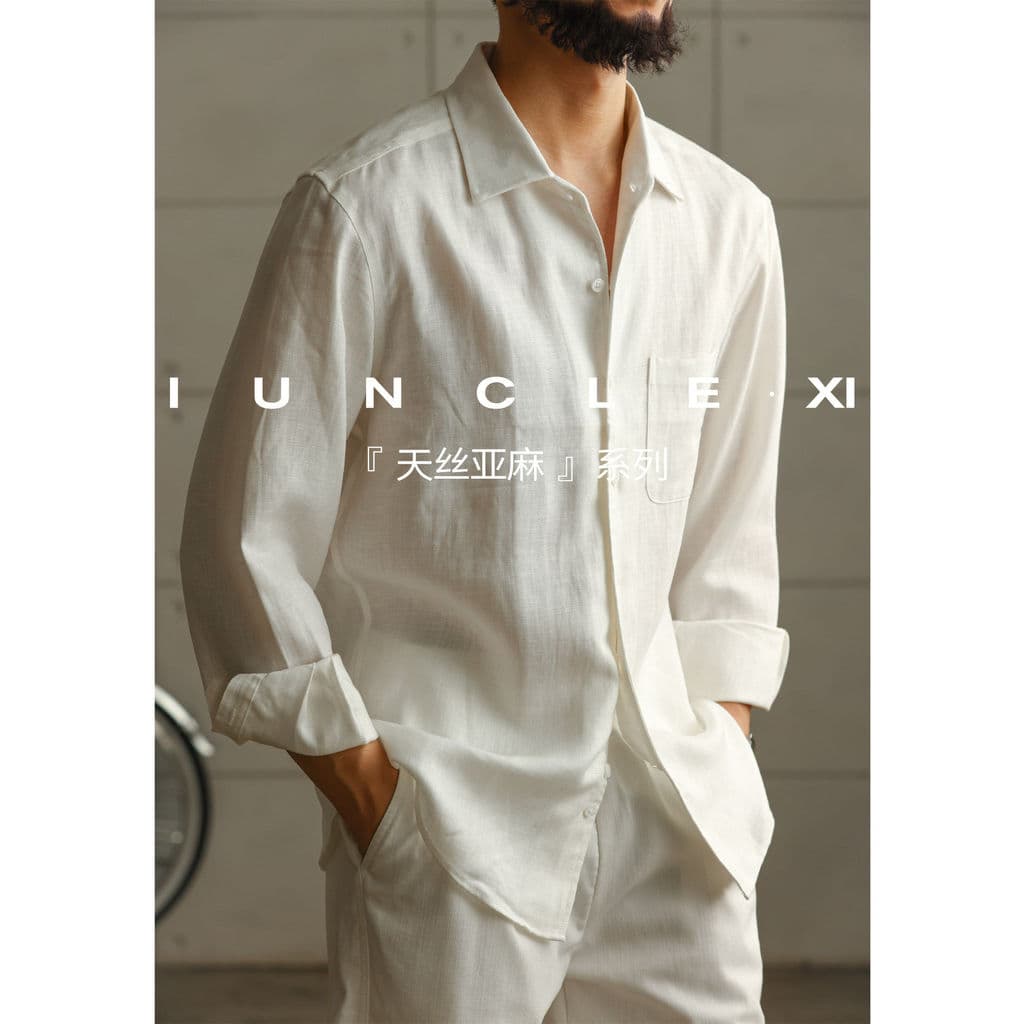 [Tencel Linen] Camisa masculina de manga comprida com cor de linho Original, camisa Casual solta de 26 primavera