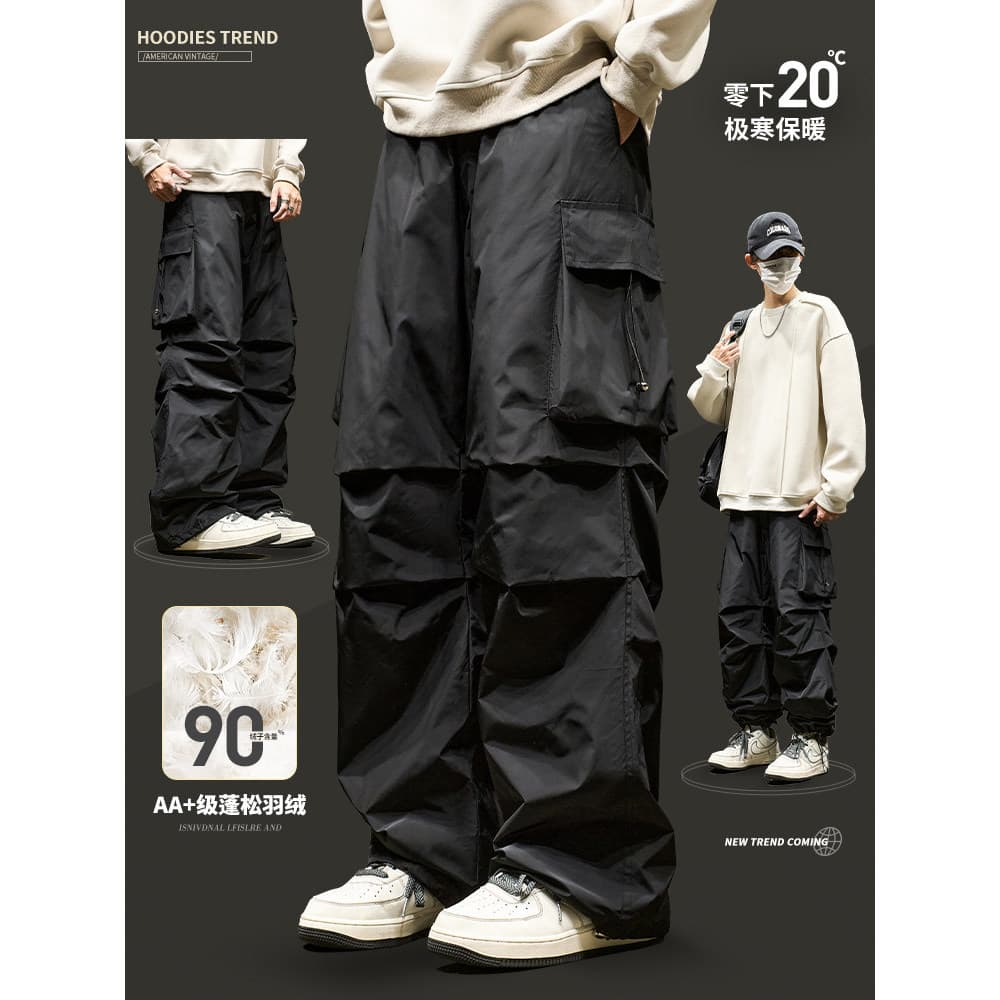 Calças masculinas inverno 90 pato branco para baixo macacão quente calças de algodão americano ao ar livre costura jaque