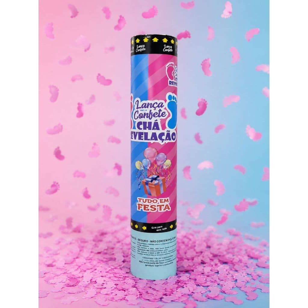Kit 2 Lança Confetes Chá Revelação Pezinho Bebe Rosa Menina Festas Gestante Eventos