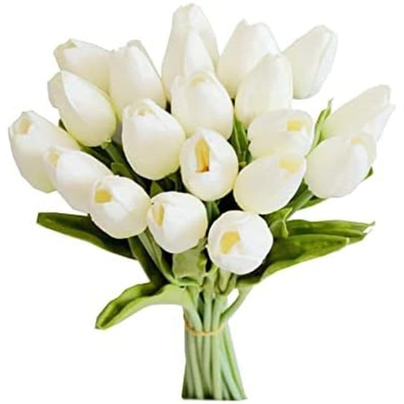 Peça Central De Flores De Tulipas Artificiais Brancas De Mandy , Hastes Florais Falsas De PU Realistas De 13.5 " 20 Peça