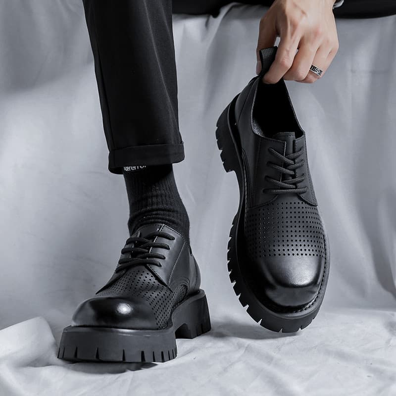 Sapatos de couro oco masculino verão respirável coreano Casual couro genuíno dedo do pé redondo sola grossa negócios est