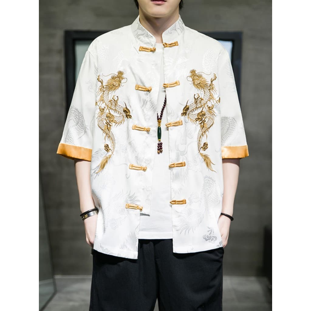 T Tang terno masculino verão gelo seda camisa de manga curta estilo chinês Retro dragão padrão camisa bordada estilo chi