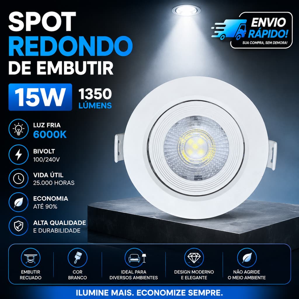 Spot LED Redondo Embutir 15W Branco Frio 6000K Luminária Gesso Sanca Direcionável Paylow