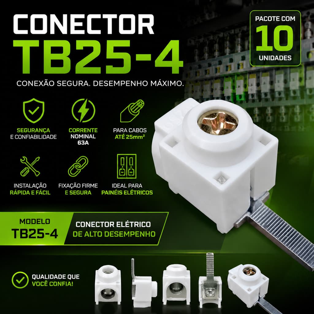 CONECTOR ELÉTRICO TB25-4 25MM² 63A BORNE DE LIGAÇÃO PACOTE 10 UNIDADES