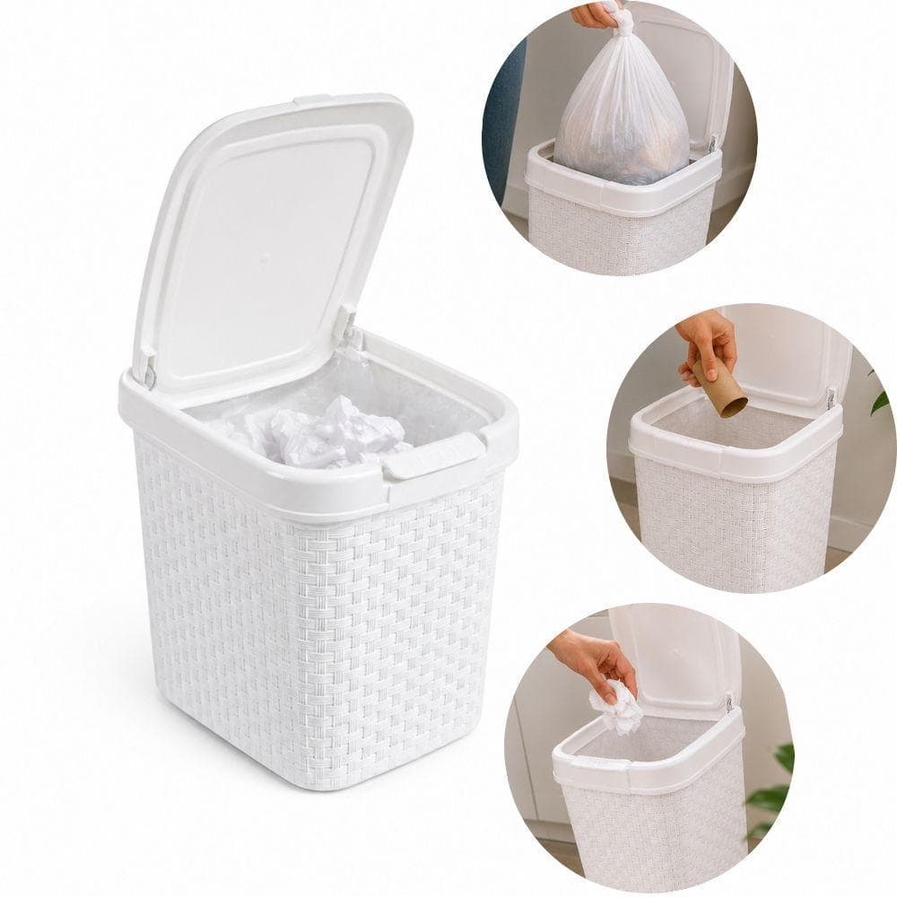 Lixeira de Pia Rattan Branca com Tampa Click Compacta