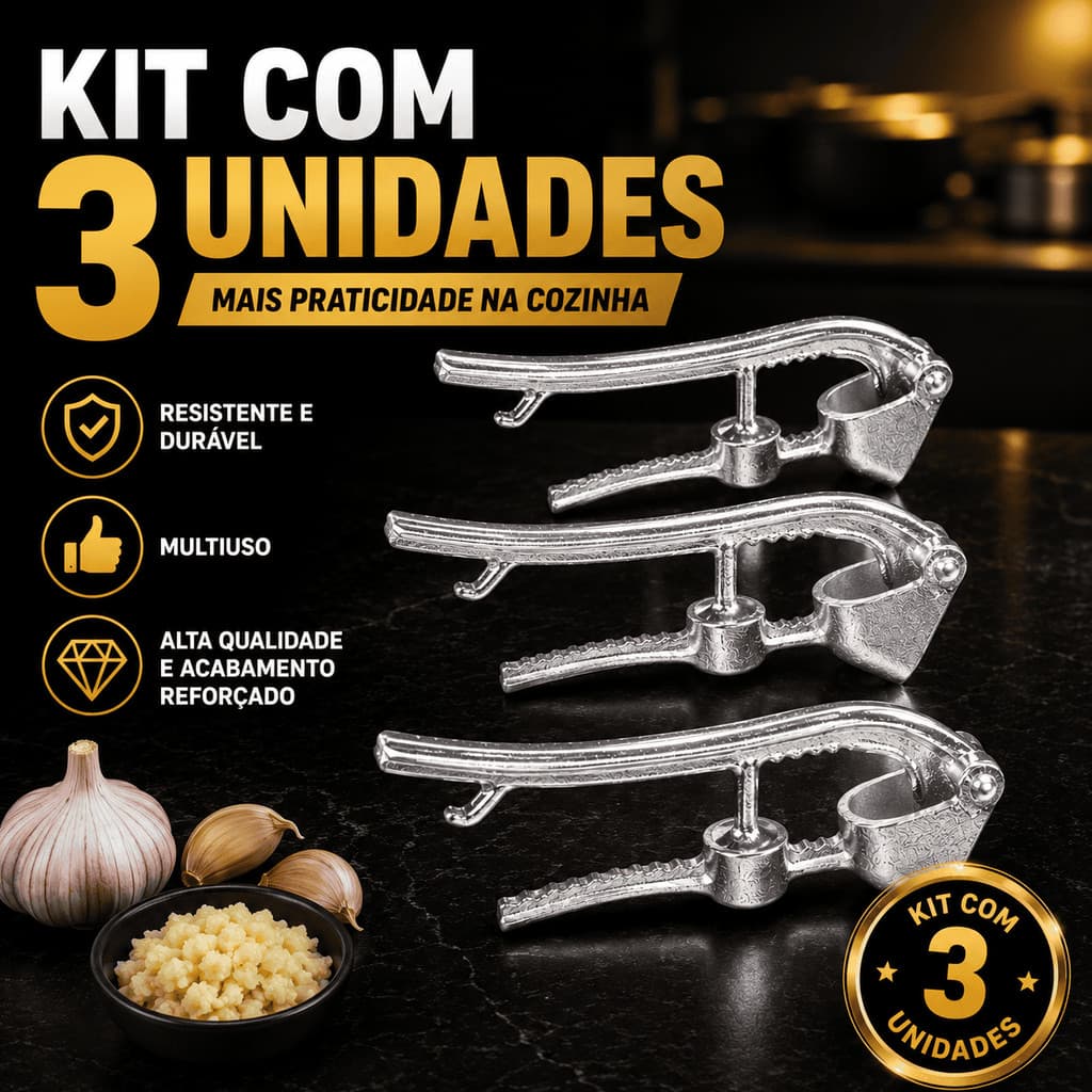 Kit 3 Unidades Espremedor de Alho 14,5cm Alumínio Multiuso Prensa 5 em 1 Manual Amassador Multifuncional Azeitonas Nozes