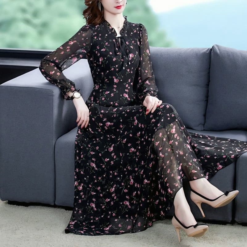 Camisa de Chiffon manga longa primavera outono senhoras novo estilo vestido Floral tamanho grande gordura MM redução de