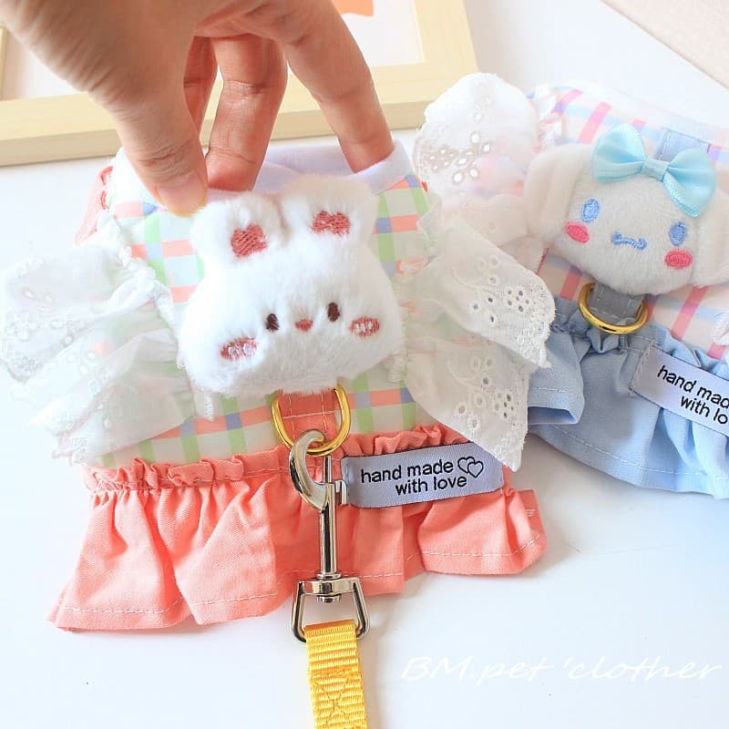 Pet cinta peito filhote de cachorro gato tração roupas Teddy Bichon Pomeranian 24 primavera verão fino renda xadrez