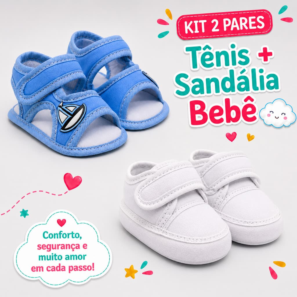 Kit 2 Pares Tênis e Sandália Bebê Infantil Tecido Molinho Branco Azul Maternidade Recém-Nascido