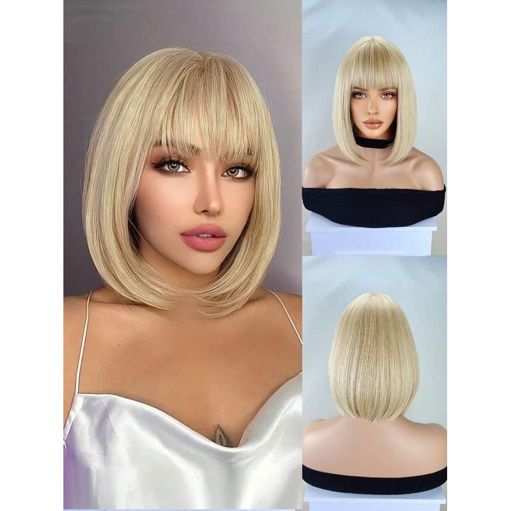 Peruca Bob Loira Curta Com Franja Natural Fibra Bio Organica