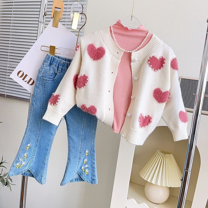 Meninas jaqueta de malha estilo outono 2026 novo estilo moda menina bebê amor pérola camisola Cardigan topo