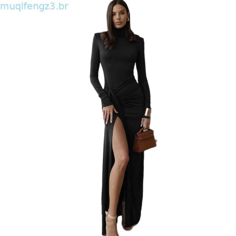 Moda Feminina Europeia e Americana Outono/Inverno 2026 Vestido Justo de Manga Longa com Gola Alta e Cinto na Cintura QVC