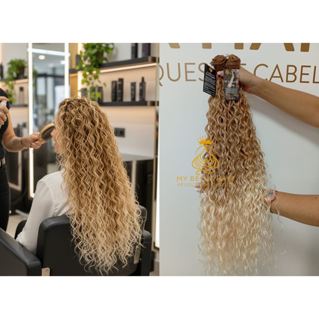 Aplique de Cabelo na Tela Mega Hair Natural Fibra Russa Cacheado Loiro Esfumada 50cm Premium Bella Hair