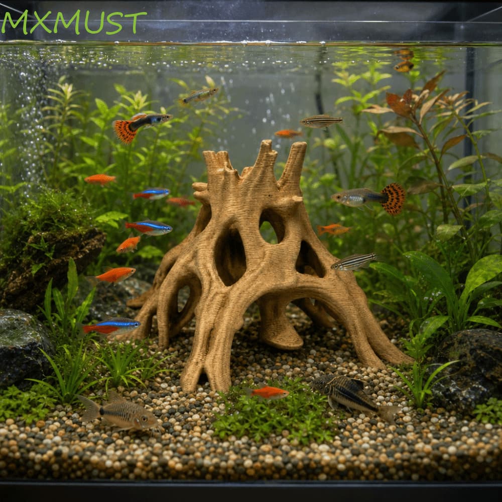 MXMUST Caverna Escondida De Camarão De Peixe , Abrigo De Peixes De Aquário Impresso Em 3D De Tronco De Árvore , Paisagem