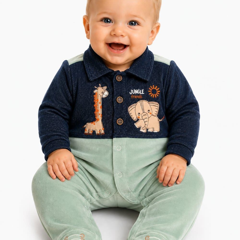 Macacão Bebê Menino Jungle Friends com Jeans Fake e Plush Verde - M.Baby