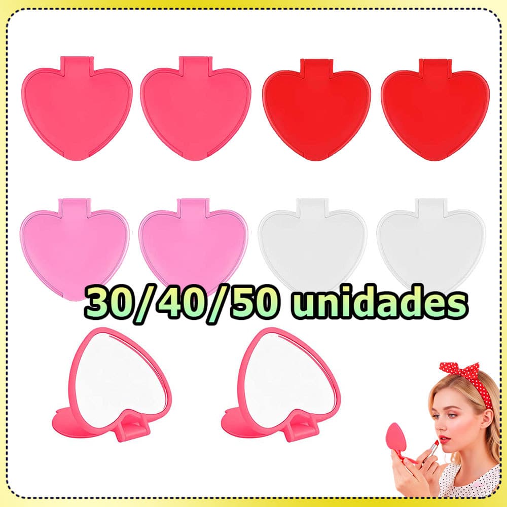 30/40/50 Mini espelho de maquiagem espelho de bolso espelho portátil em forma coração espelho dobrável presente de festa