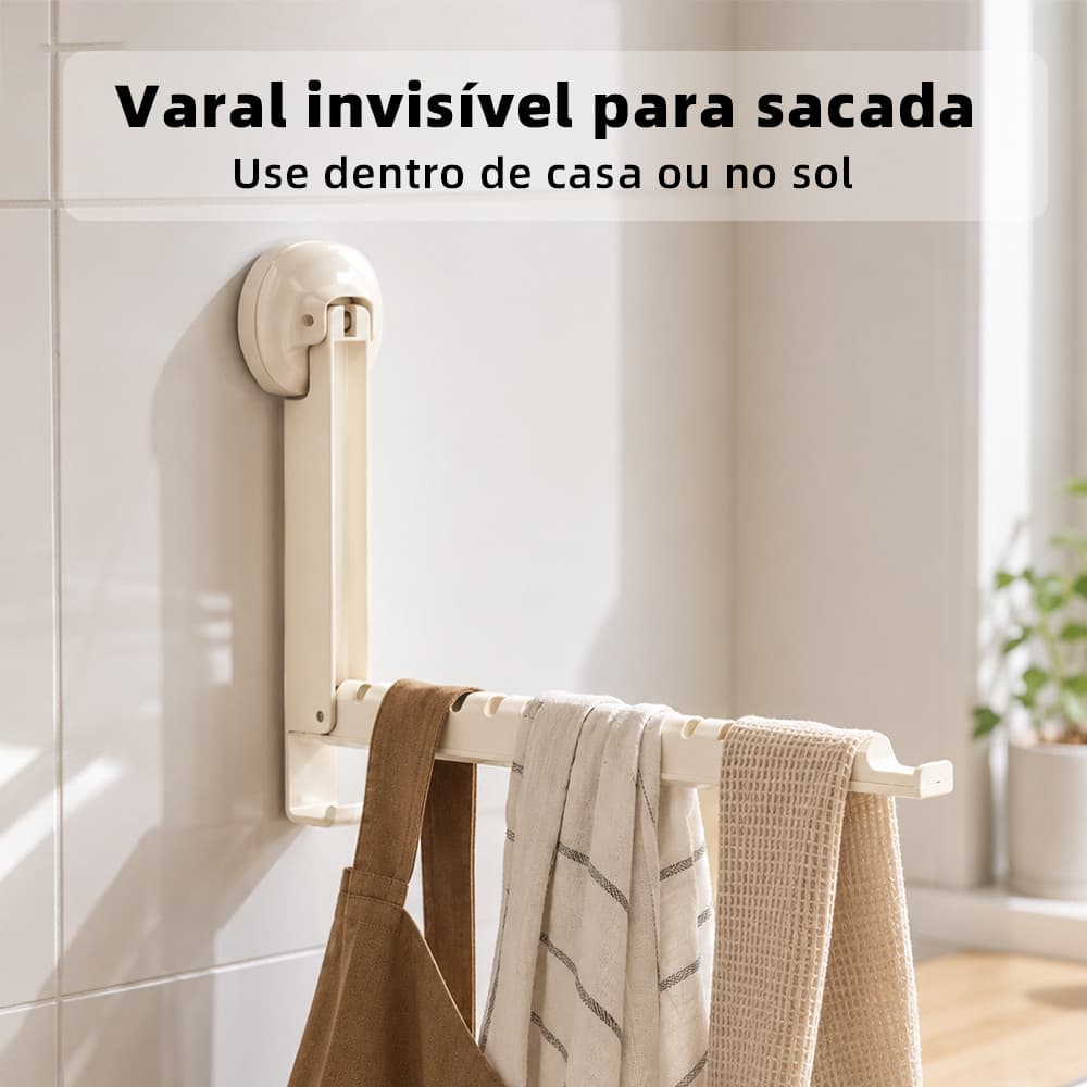 Varal de Parede com Ventosa Retrátil Dobrável Sem Furo Extensível Suporte para Cabides Roupas e Toalhas Compacto