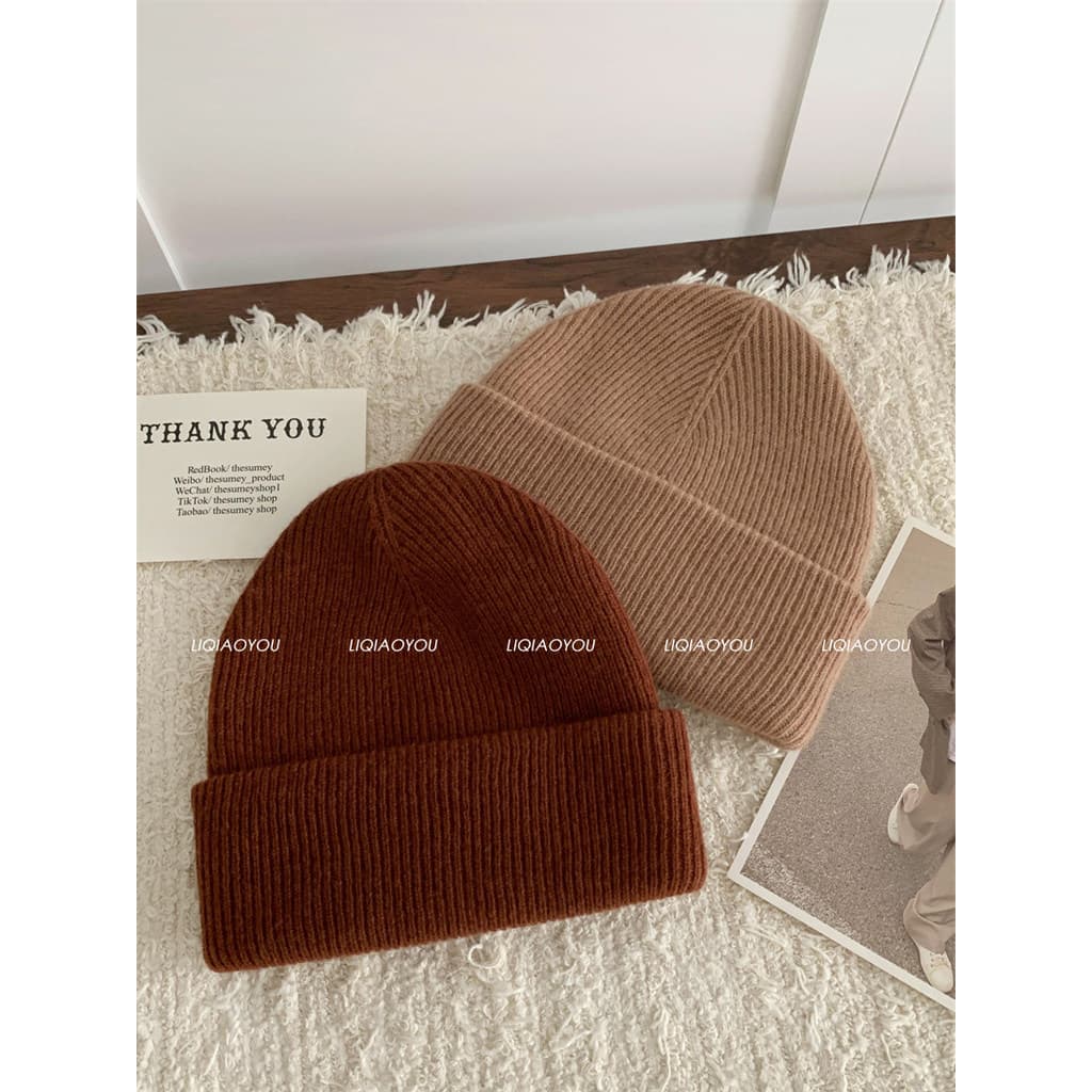 [Selecionado 100% lã pura] chapéu de malha feminino outono inverno Street Wear japonês cor sólida All-Match chapéu de lã