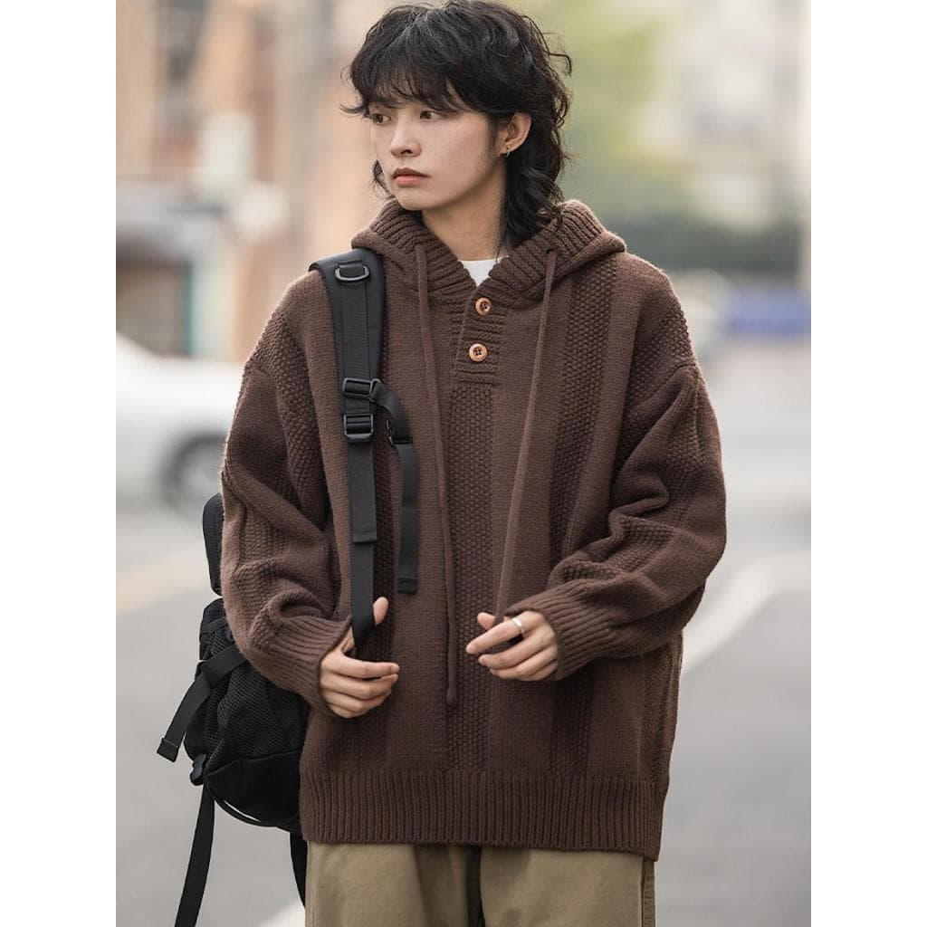 Outono inverno japonês Retro cor sólida camisola com capuz das mulheres dos homens solto Casual malhas jaqueta All-Match