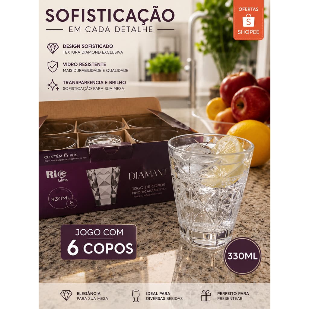 Jogo 6 Copos Dumiat Porto Fino 330ml Qualidade Sofisticação
