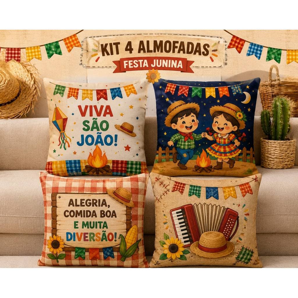 Kit 4 Capas de Almofadas Decorativas Festa Junina – 45x45 cm