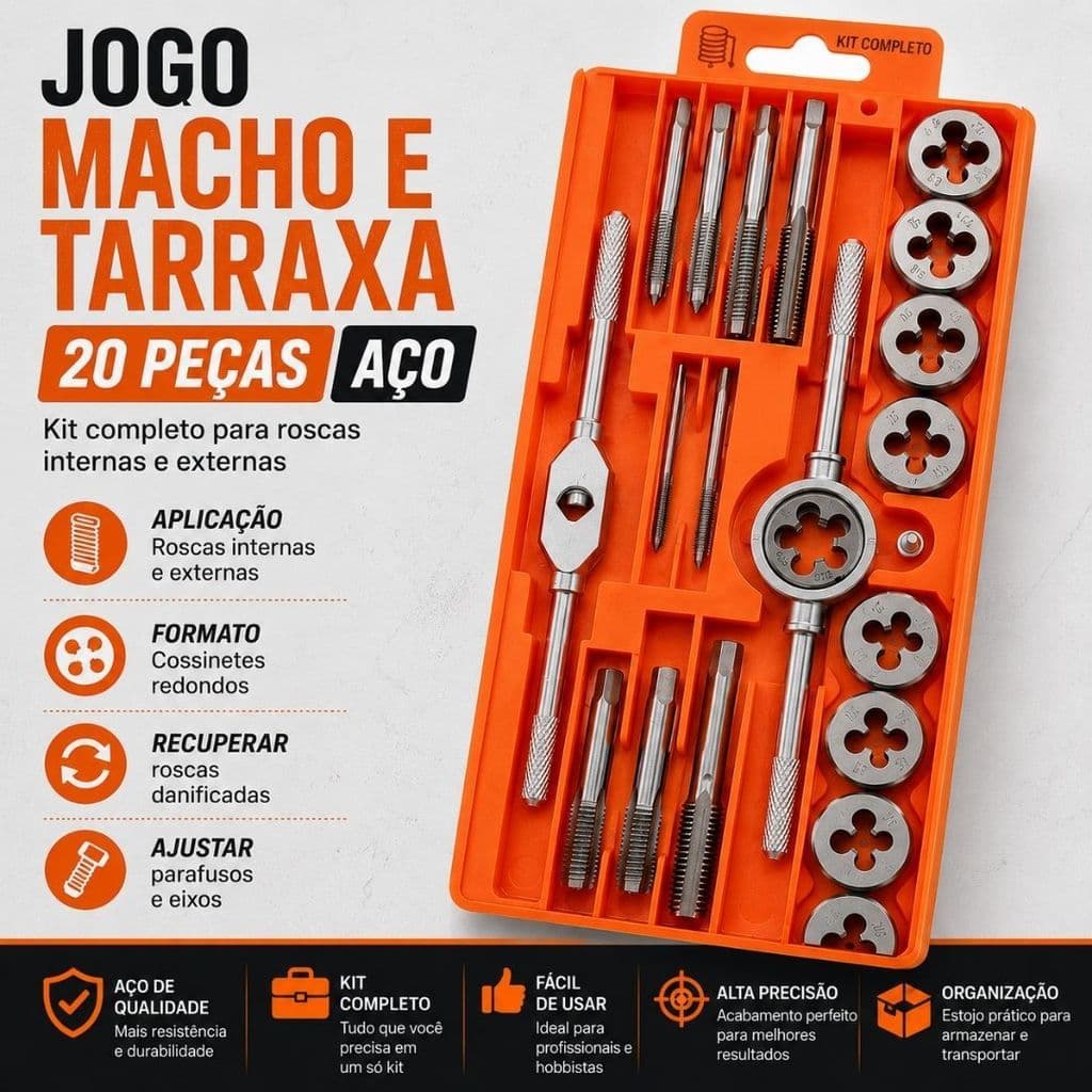Kit Macho e Tarraxa 20 Peças Profissional Jogo Rosca Interna Externa Aço Carbono Oficina Mecânica DIY Ferramentas