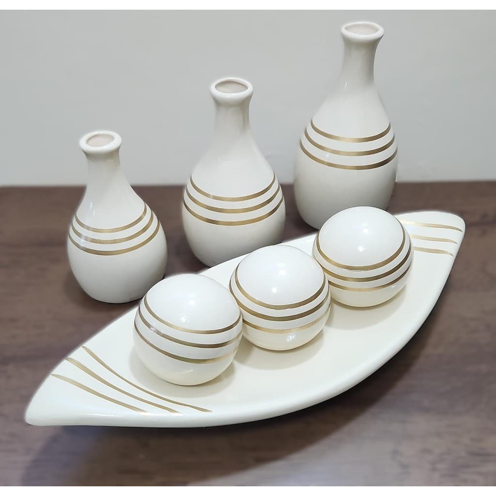 Kit 7pç Barca Vasos Cerâmica decoração centro mesa rack sala