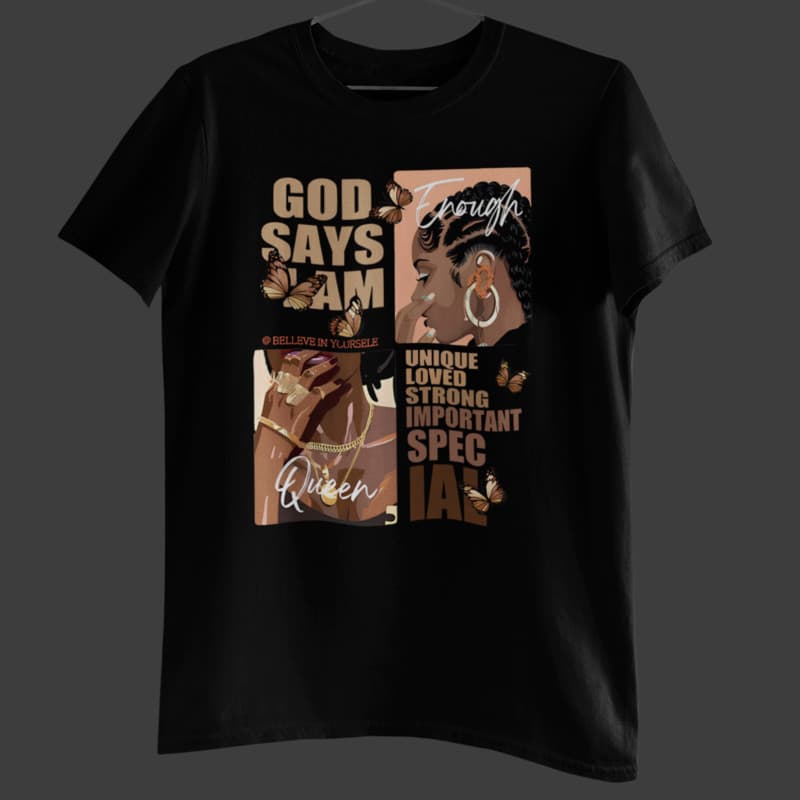 Camiseta 100% Algodão Afro Preta Deus Diz Que Sou Único, Acredite Em Si Mesmo Envio Imediato