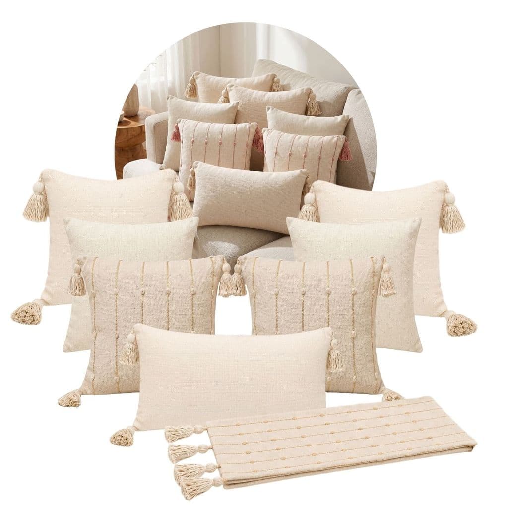 Kit 7 Capa Almofadas 45x45 + Peseira Linha Cru - Detalhe Dourado