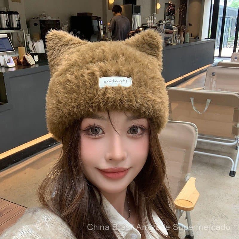 Gorro de malha macio com orelhas de gato fofas - oferece proteção quente para o inverno para mulheres.