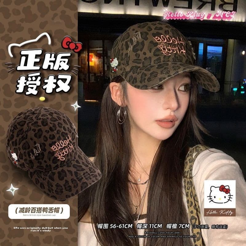 [Autêntico] Boné de Beisebol Fofo com Estampa de Leopardo da Hello Kitty, Chapéu Bucket Criativo e de Alto Valor com Cor