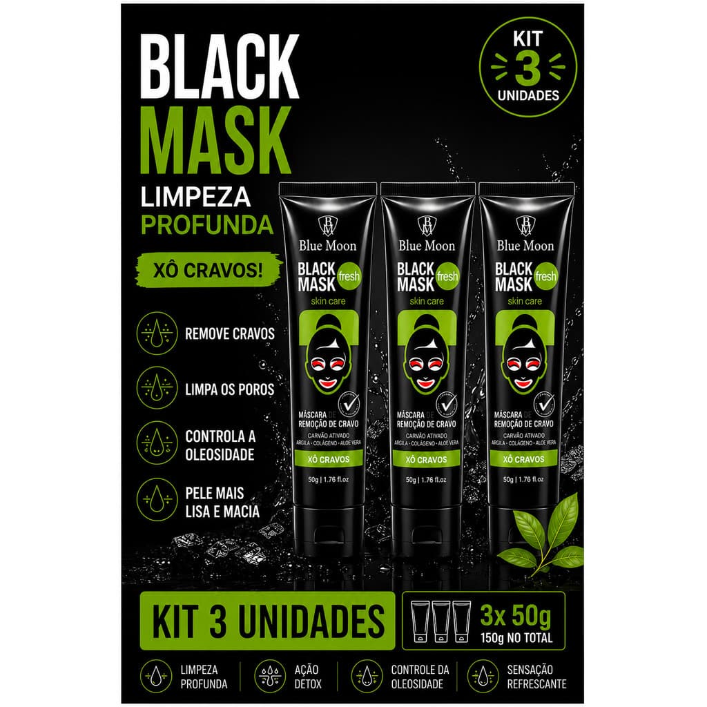 Kit 3 Unidades Máscara Black Peel Off Remove Cravos Limpeza Profunda Controle de Oleosidade 50g