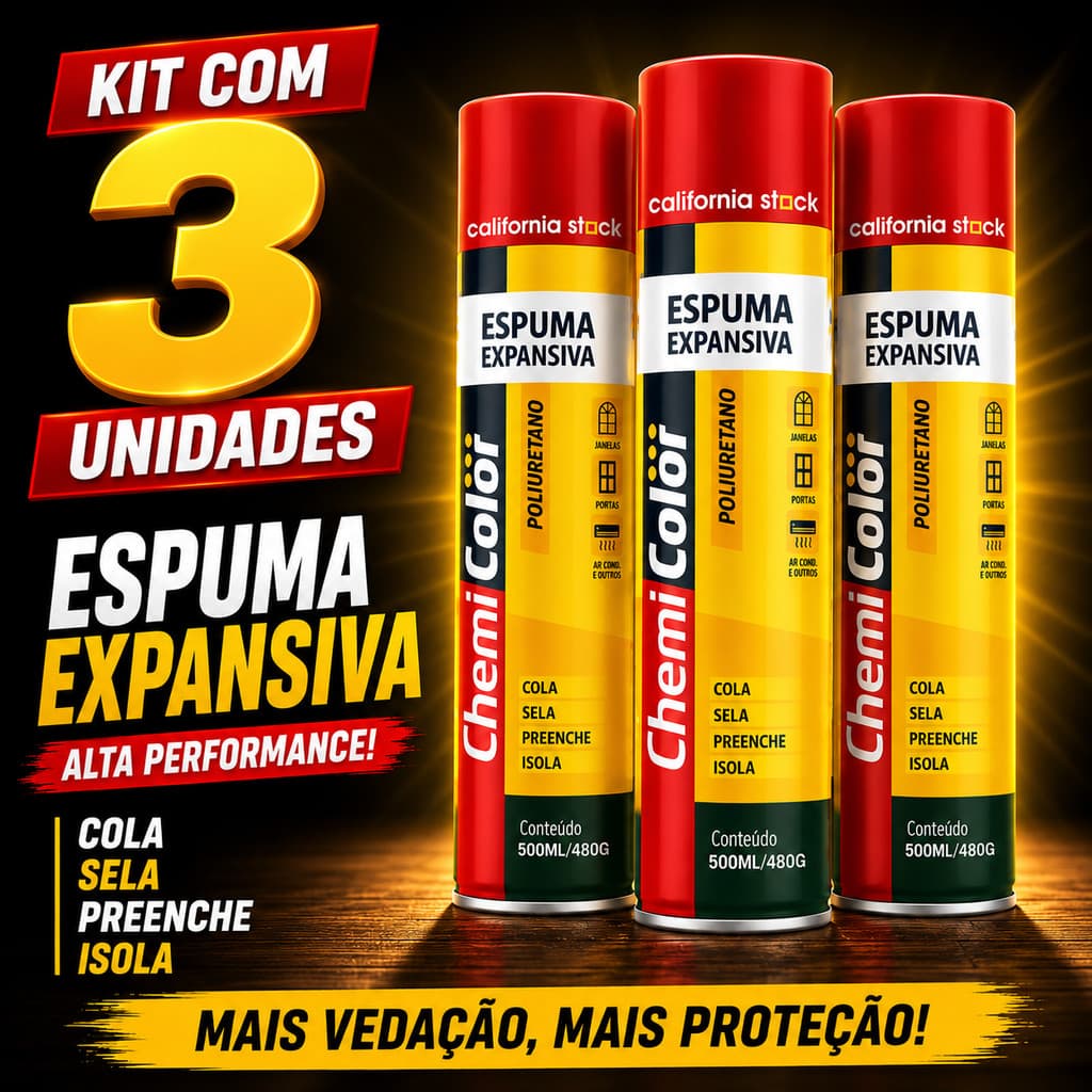 Kit Com 3 Espuma Expansiva Chemicolor 500ml PU Vedação Isolamento espuma para vedação, espuma expansiva portas e janelas