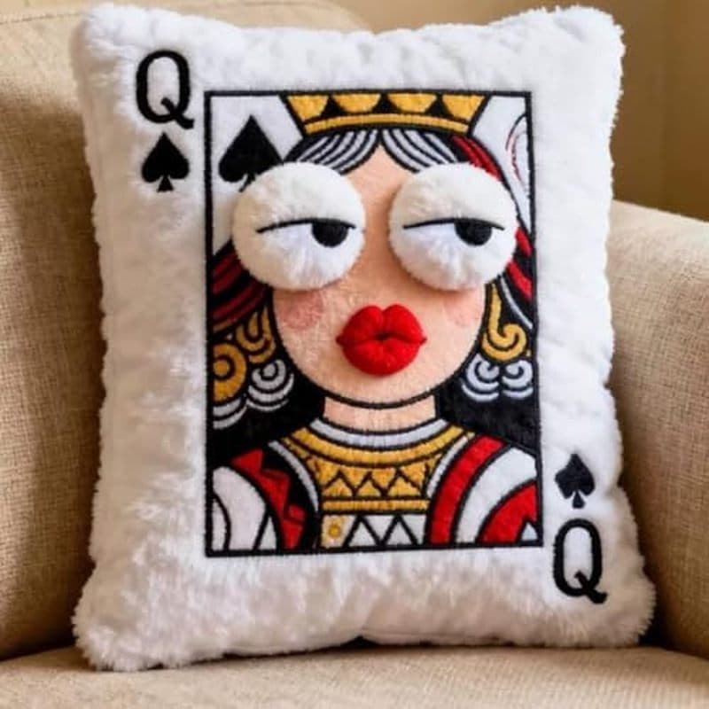 Almofada De Cartas De Jogar Queen of Spades , 14 X 16 Polegadas , Flanela Macia Branca Com Bordado 3D , Capa Removível L