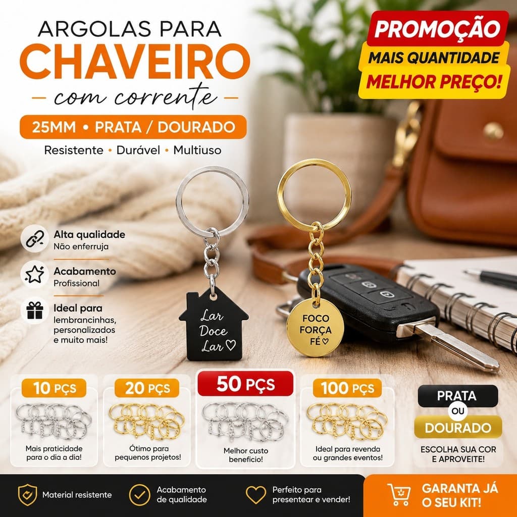 Kit 10 20 50 100 Argolas Para Chaveiro 25mm Com Corrente Prata e Dourado |Metal Resistente Para Artesanato Lembrancinhas