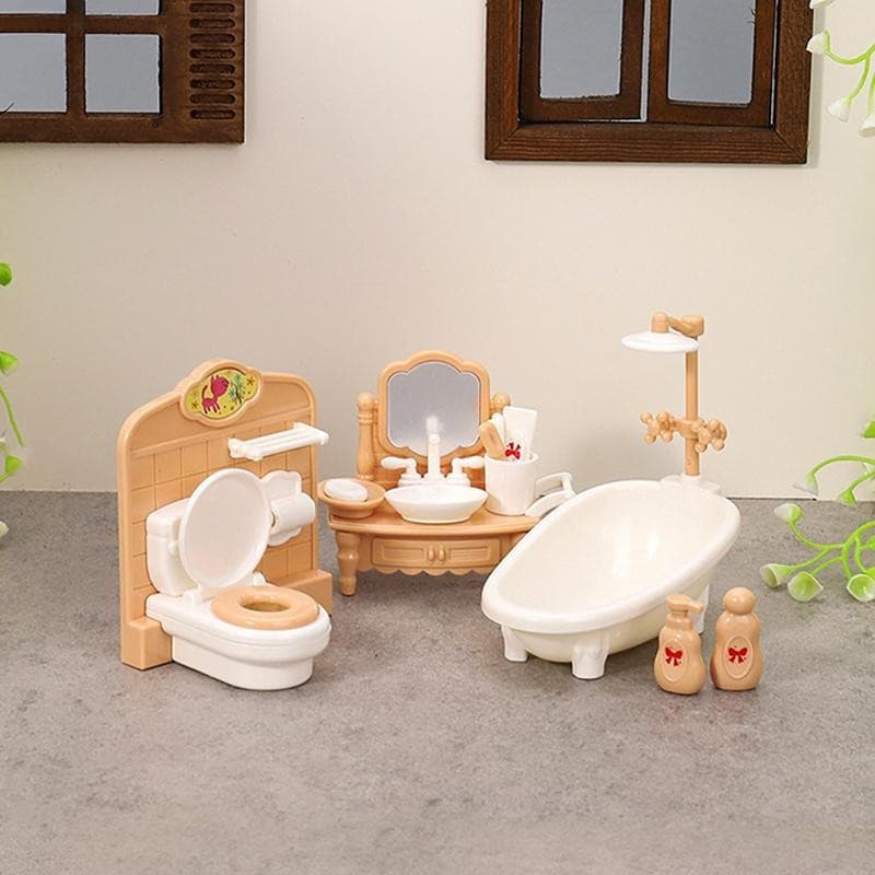 Um conjunto de miniaturas em escala 1:12 de banheira, pia de banheiro, móveis e acessórios para casa de bonecas.