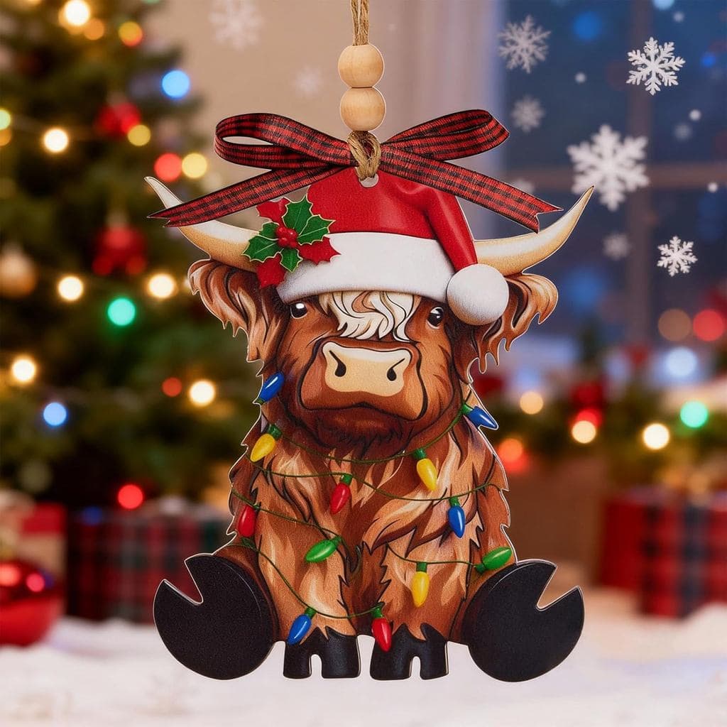 Enfeites de Vaca Fofos de Madeira para Árvore de Natal, Decorações de Natal de Vaca Highland Engraçada em 2D para Festa