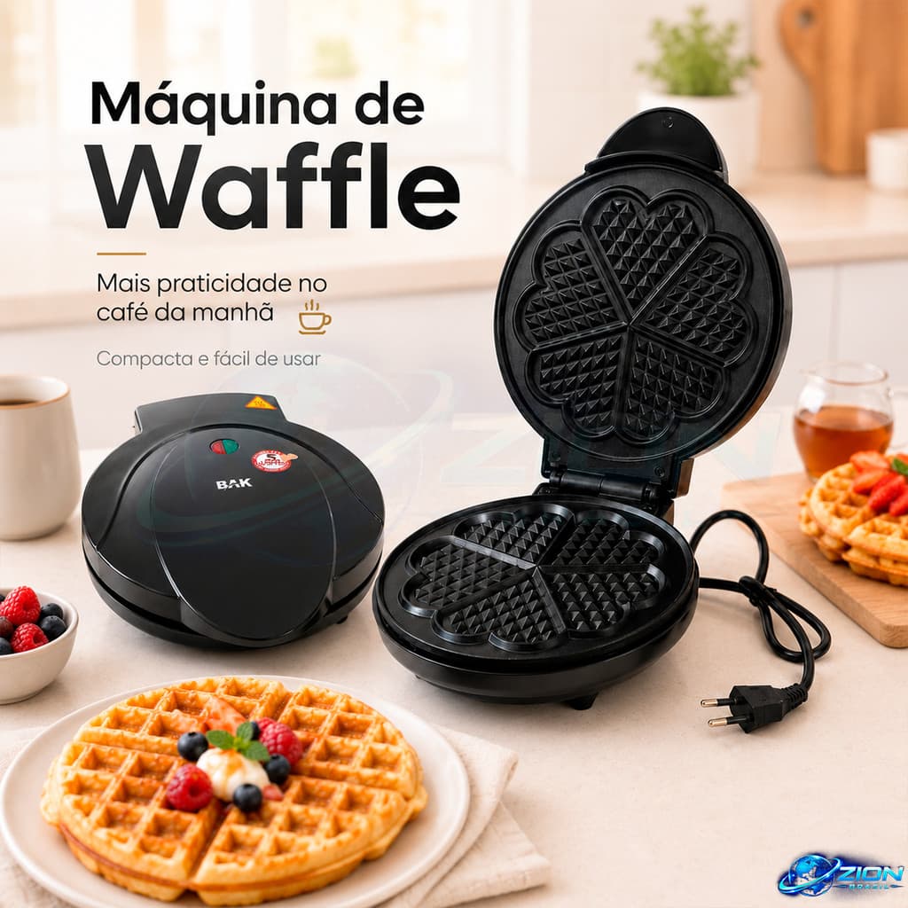 Waffleira Elétrica 5 Waffles Coração 127V 800W BAK Preta Café Da Manha Lanche Sobremesa Rápido