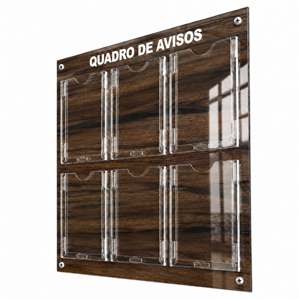 Quadro Aviso Gestão Á Vista 6 Displays A4 ACM Madeira Imbuia