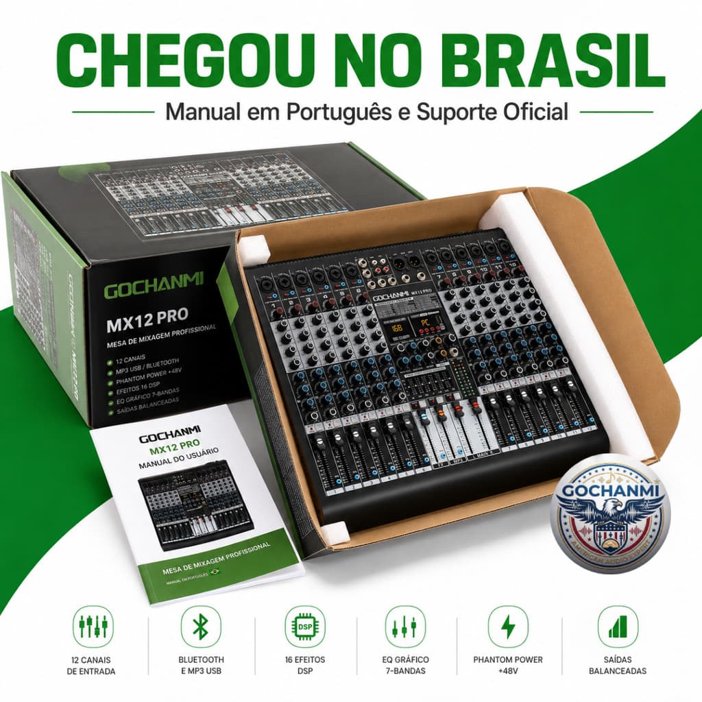 Mesa de Som GOCHANMI 12 Canais MX12 PRO Bivolt USB Bluetooth para Som Profissional