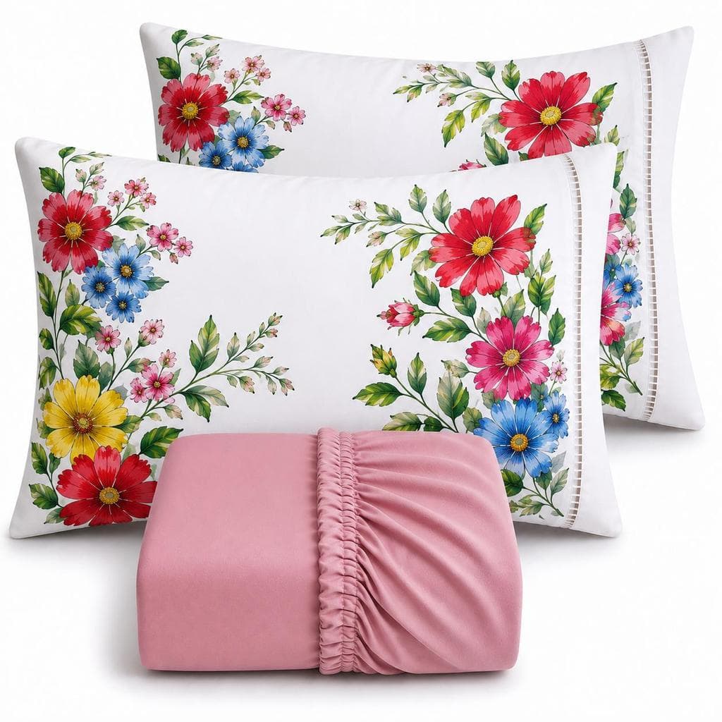 Kit Lençol Cama Solteiro Casal Queen King 400 fios Micropercal 03 Peças Ponto Palito Fronhas Estampa Floral Clássico